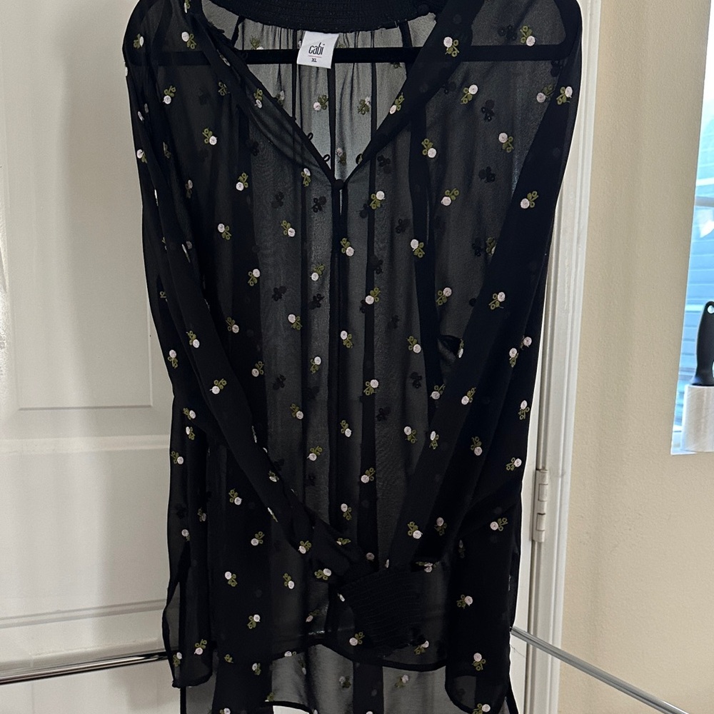 CAbi Black Sheer Blouse with Dainty Floral Accents